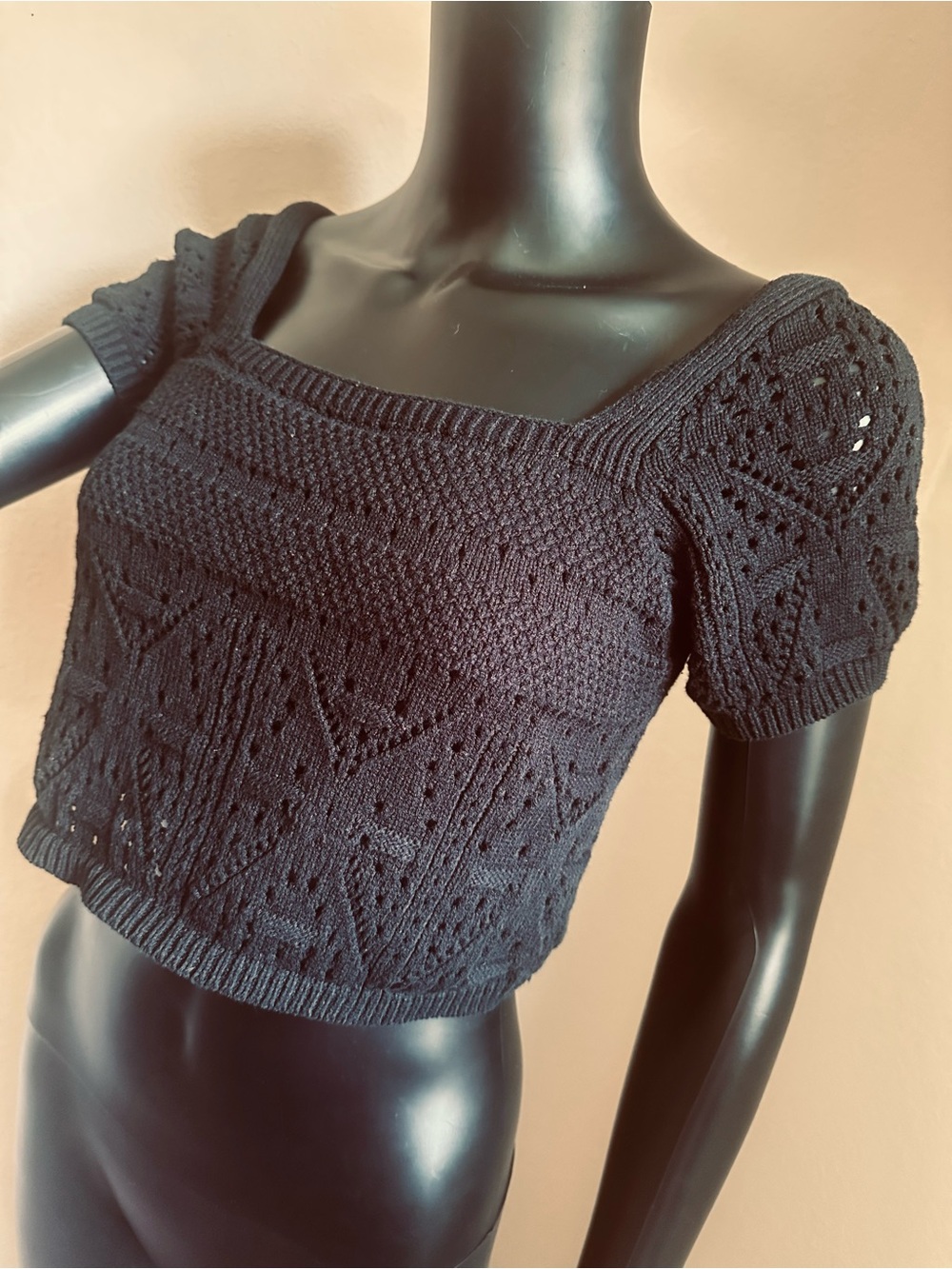 Freshman 1996 Black Pointelle Knit Square-Neck Crop Top - Picture 4 of 11